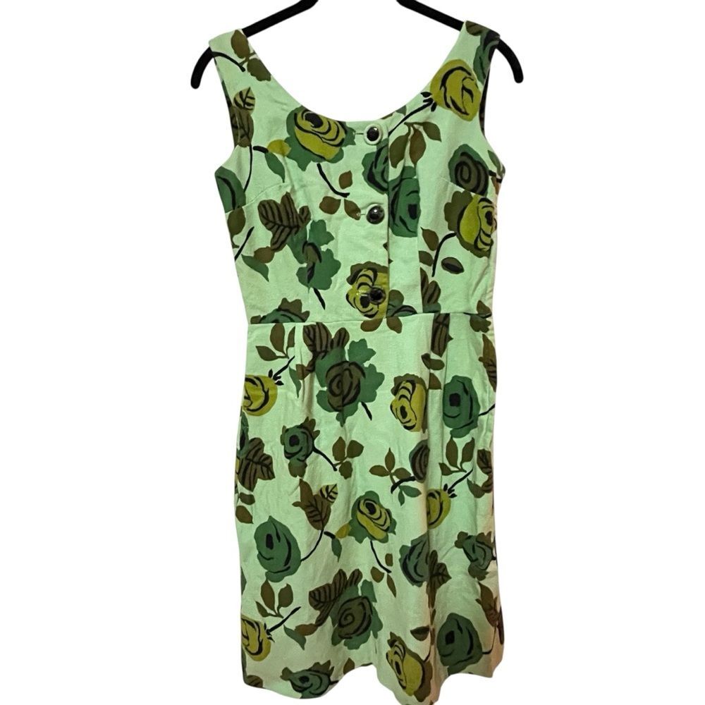 VINTAGE BARKCLOTH DRESS Bunny's Casuals Green Floral 50s 60s Sheath